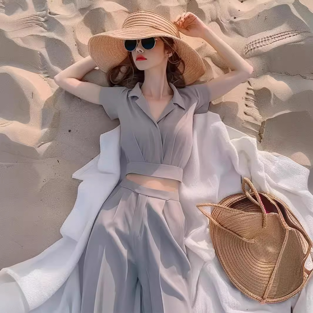 Bộ áo sơ mi nữ tay dài màu xám phối quần ống rộng thanh lịch — màu xám, đỉnh đơn