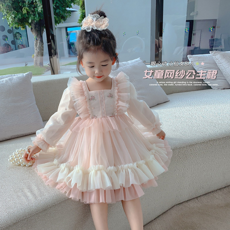 Girls Dress Spring And Autumn Princess Skirt Children's Autumn Cute Mesh Tutu Skirt High-end Embroidery Skirt