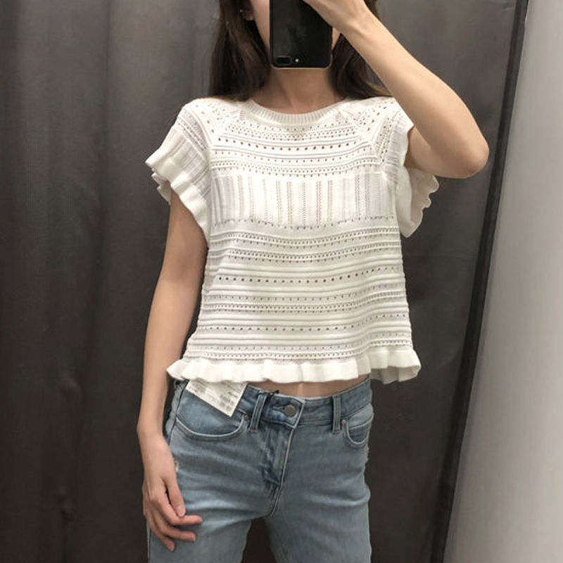 Foreign trade single women's clothing factory tail surplus base shirt temperament hollow wood ear thin knitted short sleeve T-shirt top Foreign trade single women's clothing factory tail surplus base shirt temperament hollow wood ear thin knitted short sleeve T-shirt top