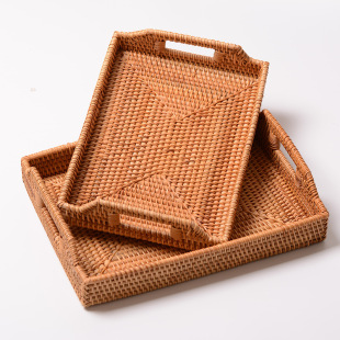 Wholesale Rattan Pure Handmade Tea Tray Household Rectangular Drain Tea Tray Dry Soaking Tray Japanese Style Water Cup Tea Set Tray