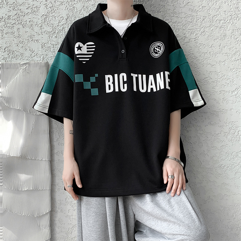 Men's Polo Shirt Patchwork Quarter Sleeved Loose Oversized Top_voghion.com
