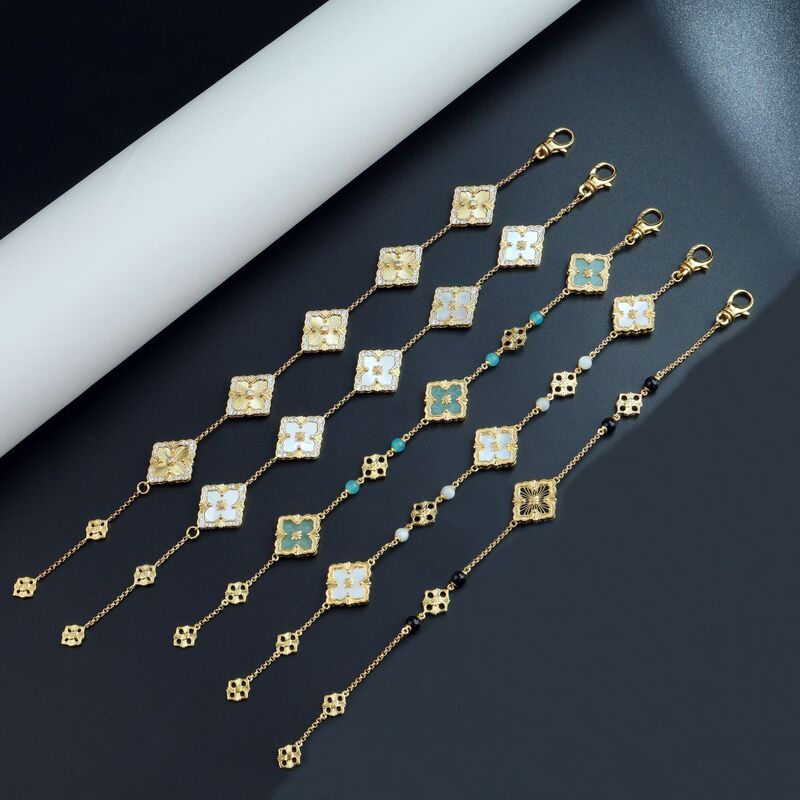 Cnc Bracelet for Women with Single/Double Flowers, Four-Leaf Clover, Three Flowers, Diamond Inlay, Double-Sided Color-Preserving Electroplating, Palace Style