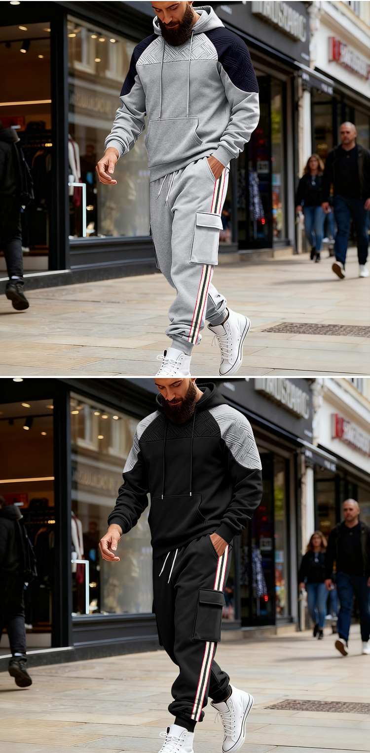 Men's Clothing Men's Heavyweight Casual Hooded Sweatshirt And Sweatpants Set Color Block Outdoor Commuter Style Loose Fit_viptrois.com