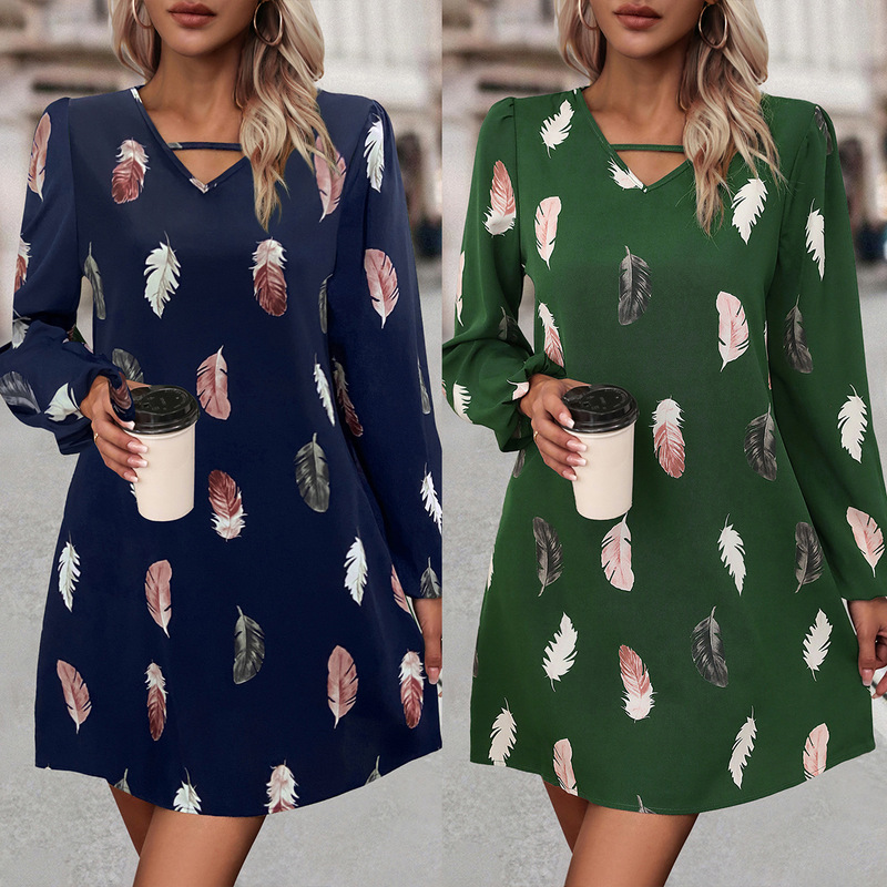 2024 Autumn and Winter New Cross-Border European and American Clothing Amazon Independent Station Popular Sleeve Long Printed V Neck Dress