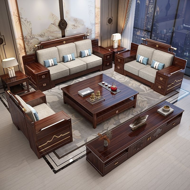 New Chinese-style black ebony solid wood sofa set, suitable for villas, living rooms, and high-end modern Chinese-style hotels