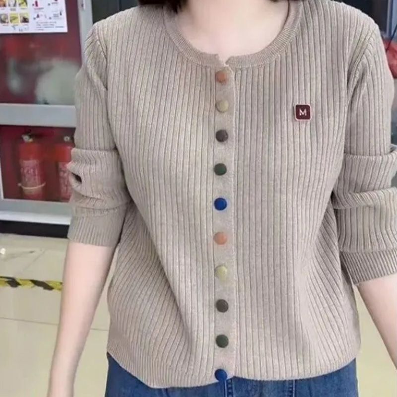 Colorful Button Casual Jacket Knitted Cardigan for Women, New Spring Fashion, French Style, Popular Round Neck, Youthful Ribbed Short Sweater