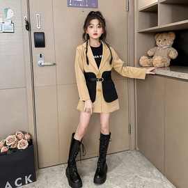 女童西装外套2023秋季新款韩版西服小众撞色拼接时尚气质百搭上衣