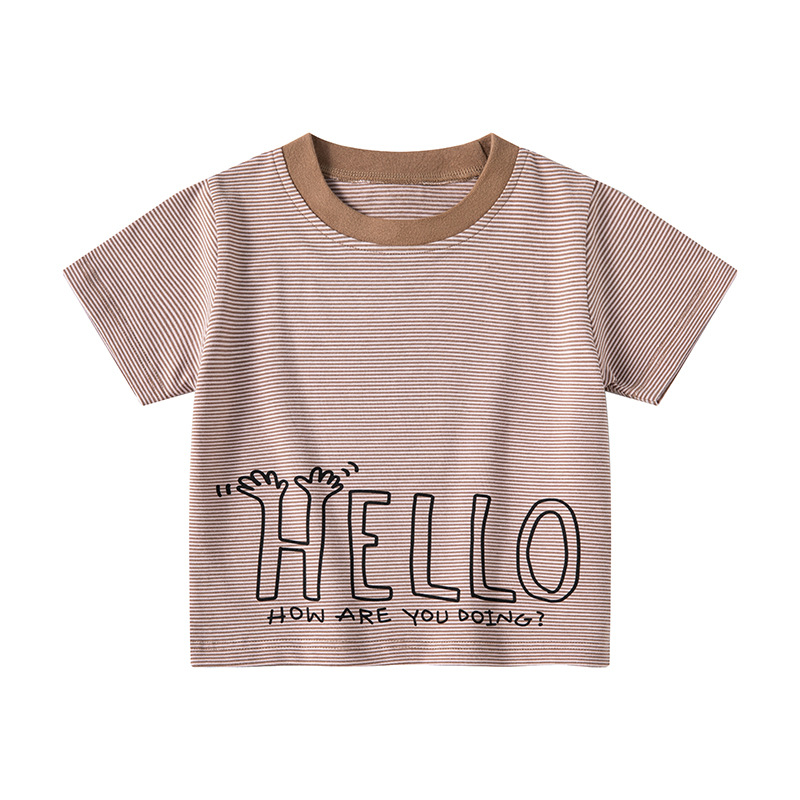 Be top ropa para niños coreanos letras rayas niños camiseta de manga corta marco de tracción estilo suelto verano bebé cuello redondo media manga