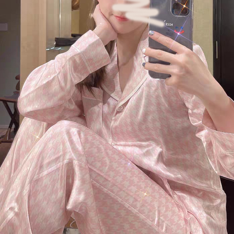 집 좋은 물건 푸시 무거운 Houndstooth 블랙 핑크 100 뽕나무 실크 잠옷 셔츠 칼라 가정 옷 실크 세트