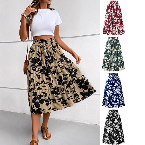 2025 Women's Fashion European and American Style Amazon Printed Pleated A-Line Skirt High-Waisted Slimming Skirt with a Luxurious Feel—Women's Skirt
