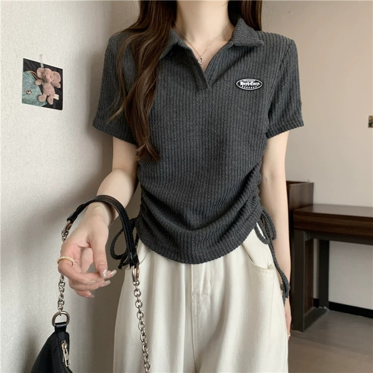 Large size American front shoulder polo neck short sleeved t-shirt for women 2024 new summer chubby mm top design_voghion.com