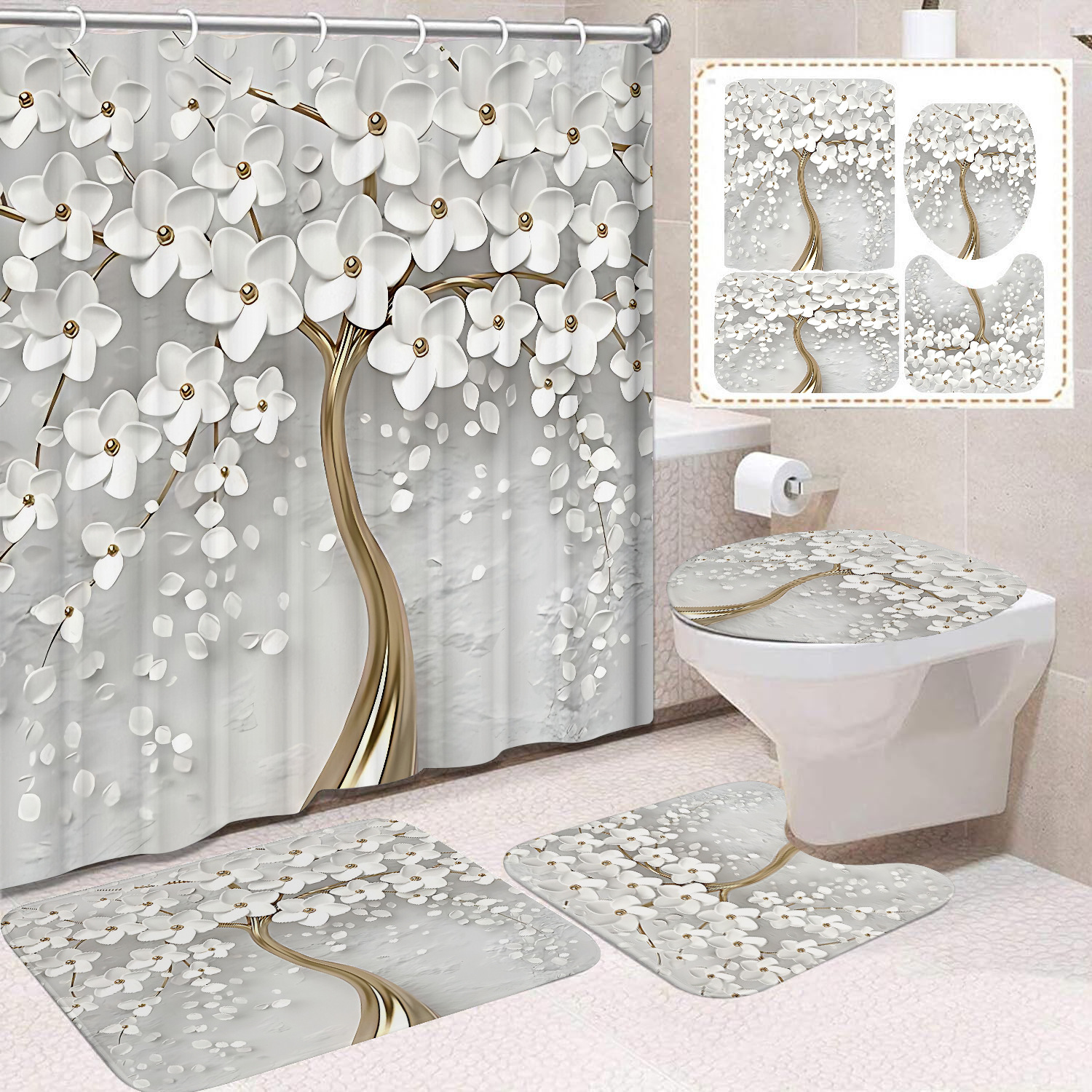 Flor blanca cortina de baño inodoro cortina de partición impermeable de baño cortina de lavado separación seca y húmeda cortina de puerta colgante sin agujeros