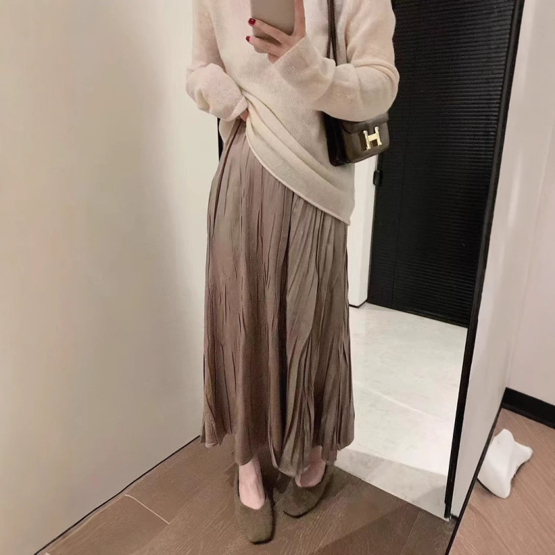ヨーロッパの高級ストリーマーサテンプリーツスカート女性の夏の新しいハイウエストスリム大きな裾Aラインロングスカート|undefined