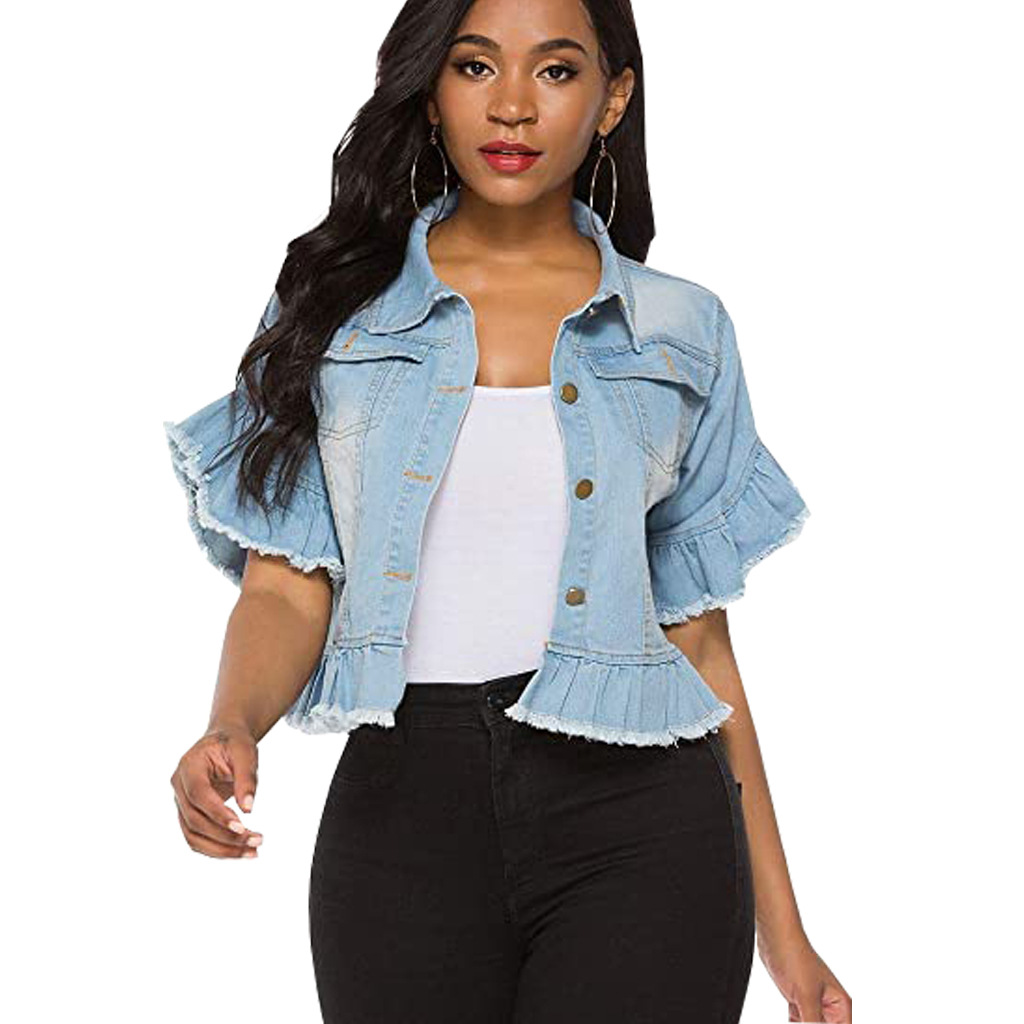 Short Sleeve Fitted Crop Denim Jacket NSMRF116720