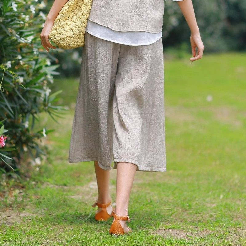 Summer New Arrival Cropped Wide-Leg Pants Women's Loose Elegant Solid Color Cotton and Linen Vintage Artistic Casual Straight Pants for Children