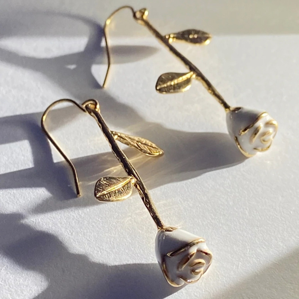 Rose Branch Leaf Drop Earrings White Rose Versatile Jewellery_voghion.com