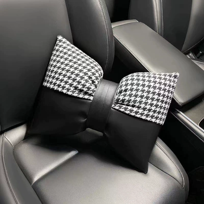 Car interior houndstooth bow Headrest - leather-patchwork-houndstooth-black-waist