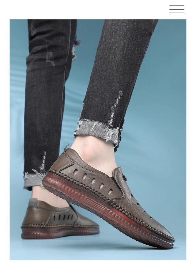 Giày sandal nam da lười khoét lỗ đế bằng chống trượt thoáng khí — Màu kaki, màu đen chi tiết 15