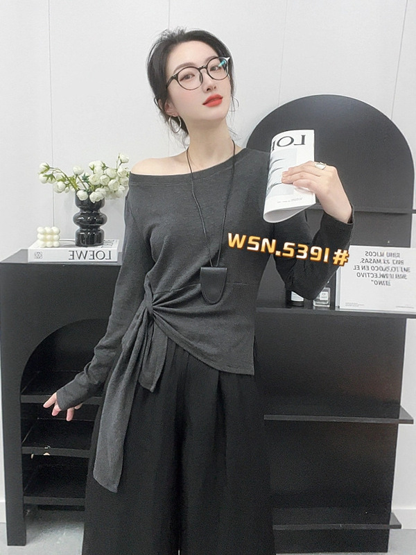 2025秋季新款休闲不规则一字领长袖套头上衣女装T恤5391|undefined