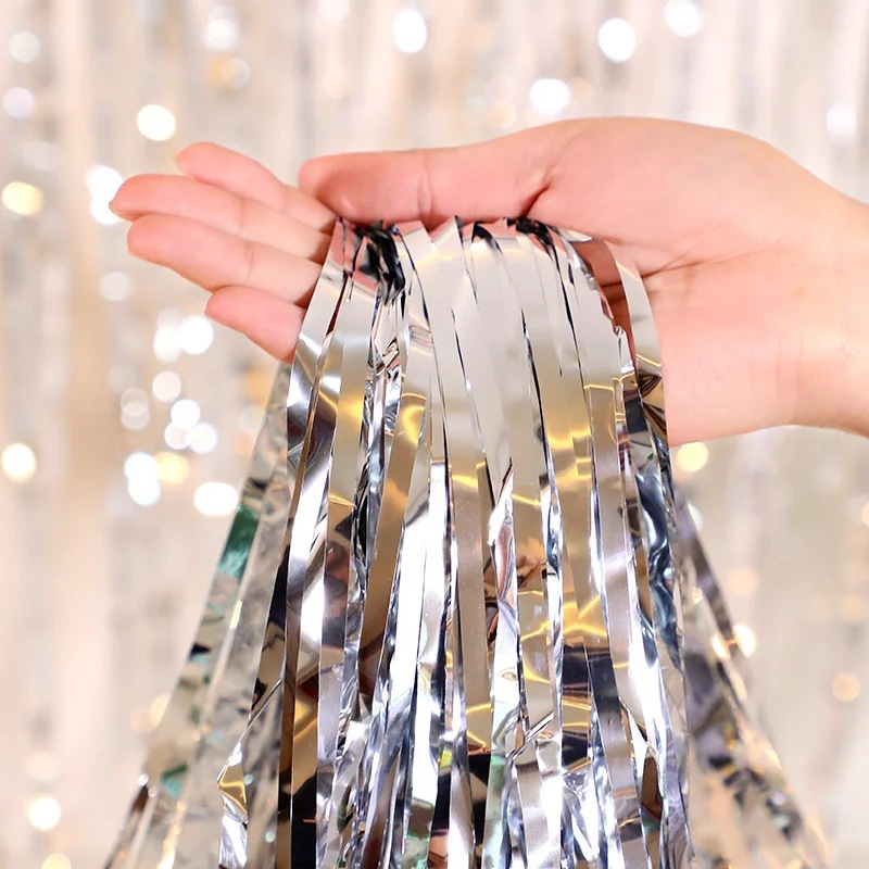 Cortina de lluvia mate mate mate fiesta de cumpleaños fondo de boda decoración de pared diseño brillante cuadrado cortina de lluvia borla