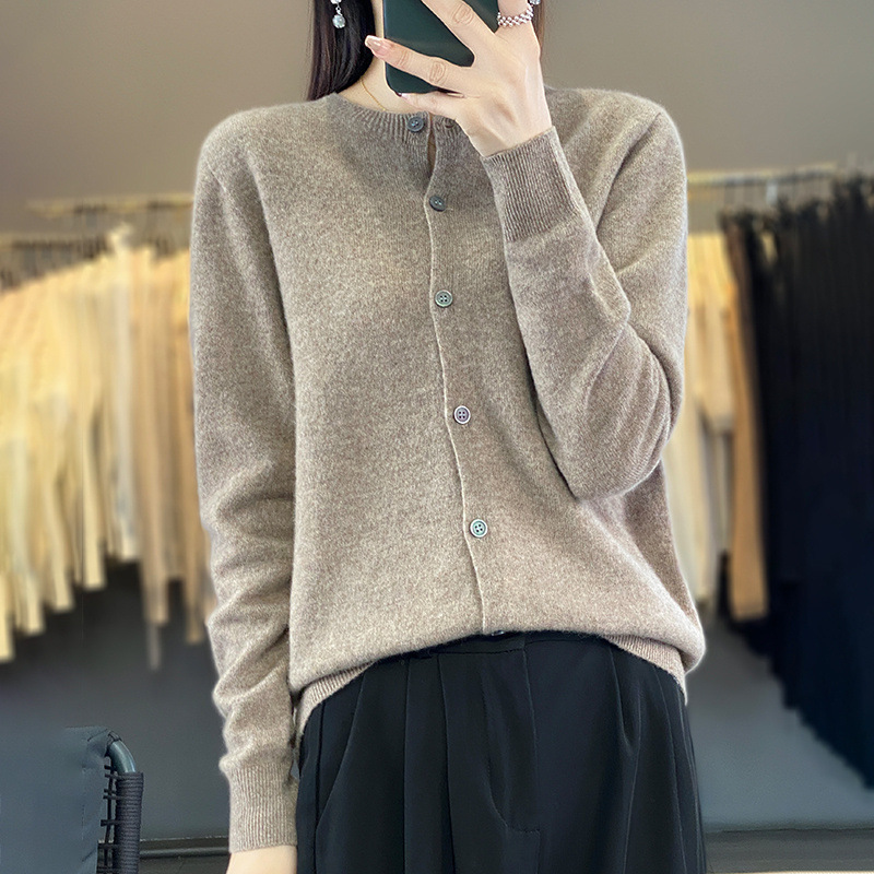 Cross-Border Wholesale Spring and Autumn 100% Wool Sweater for Women, Seamless Round Neck Knitted Cardigan, Loose and Versatile Sweater, Korean Style Jacket