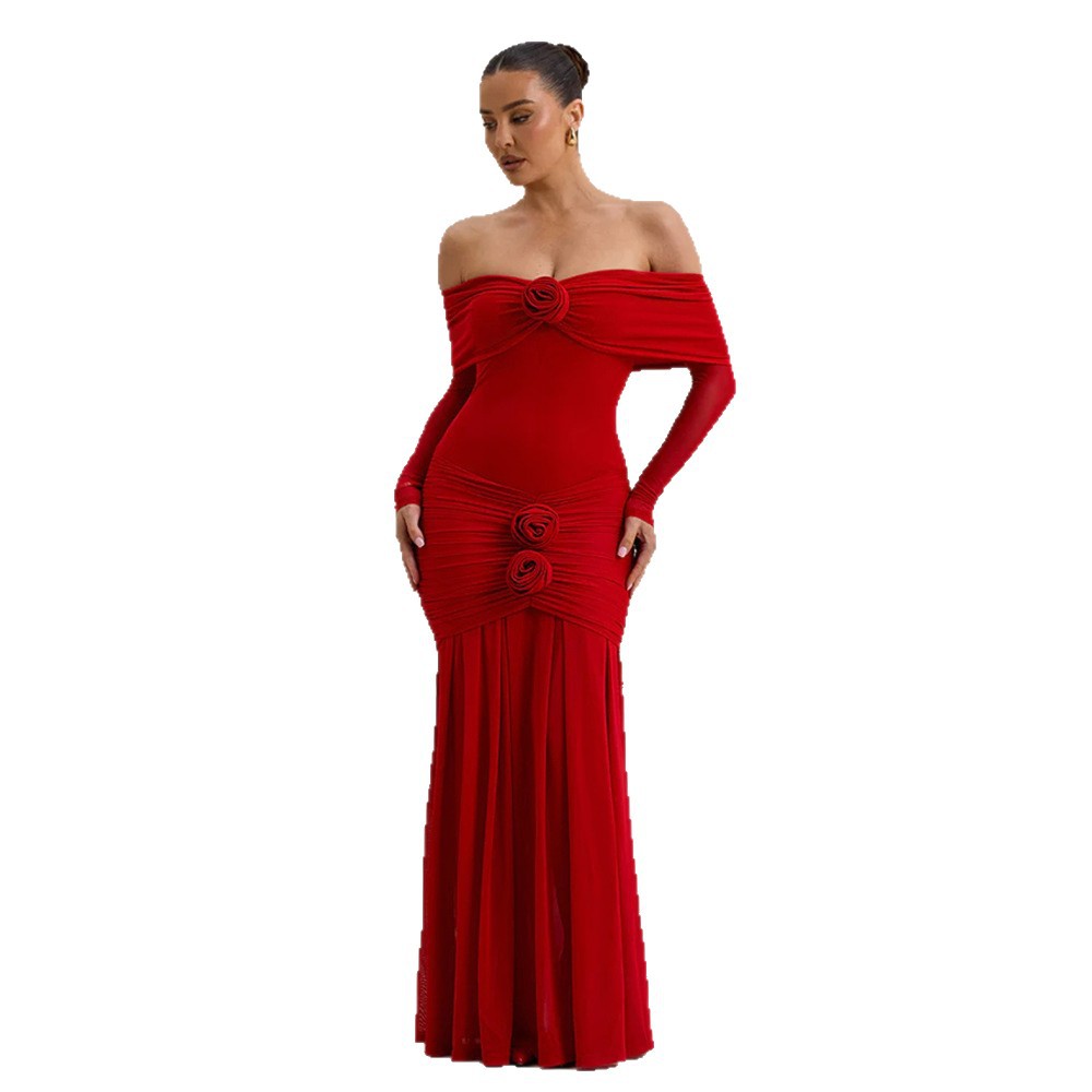 Europa y los Estados Unidos de comercio exterior ropa de mujer otoño 2025 nuevo temperamento de moda de color sólido plegado delgado vestido de hombro de manga larga image 6