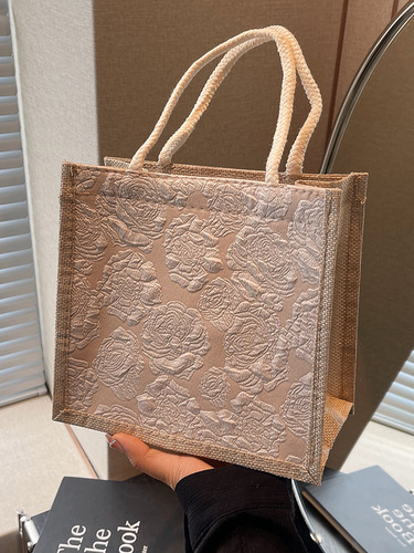 Ins Handbag Linen Bag for Women Outdoor Hand-held Lunch Box Bento Bag Women 2024 Trendy Office Small Handbag