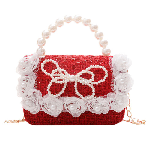 New Year's Children's Bag Big Red Small Fragrance Pearl Handbag Baby Bow Chain Bag Girls Coin Purse
