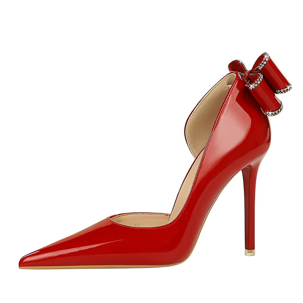 638-H35M Banquet High Heels Thin Heel Lacquer Leather Shallow Notched Pointed Side Hollow Back Rhinestone Bow Tie Single Shoe