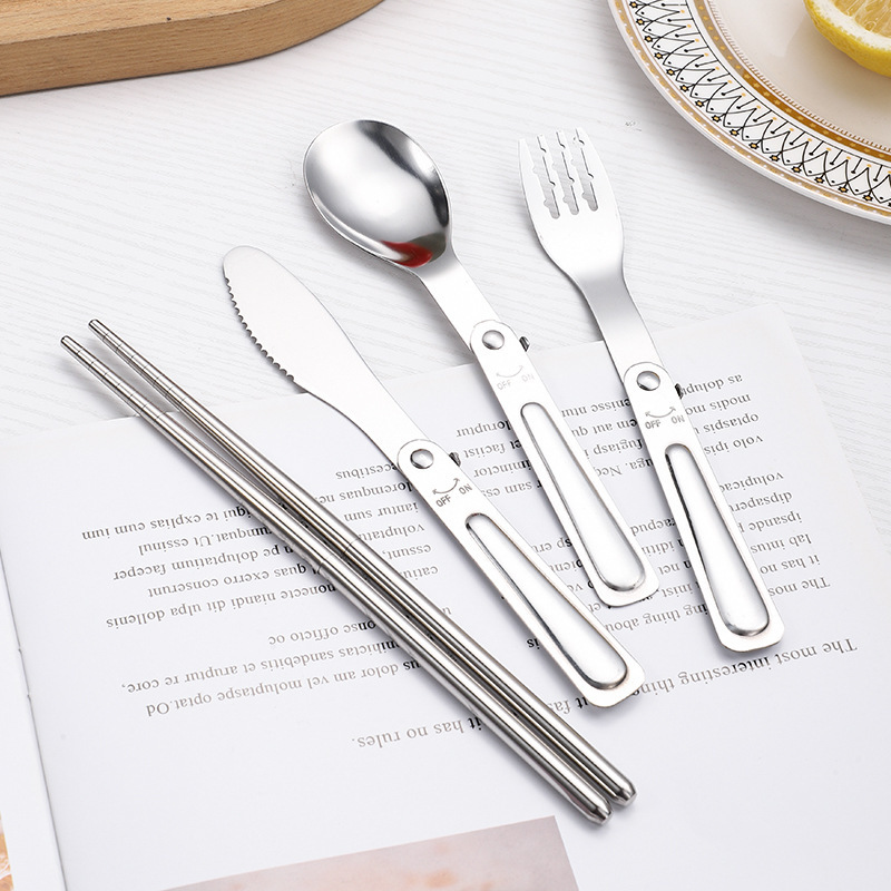 卸売304ステンレスポータブル折りたたみナイフフォークスプーン箸旅行キャンプピクニックサラダスプーンフォーク印刷可能ロゴ|undefined