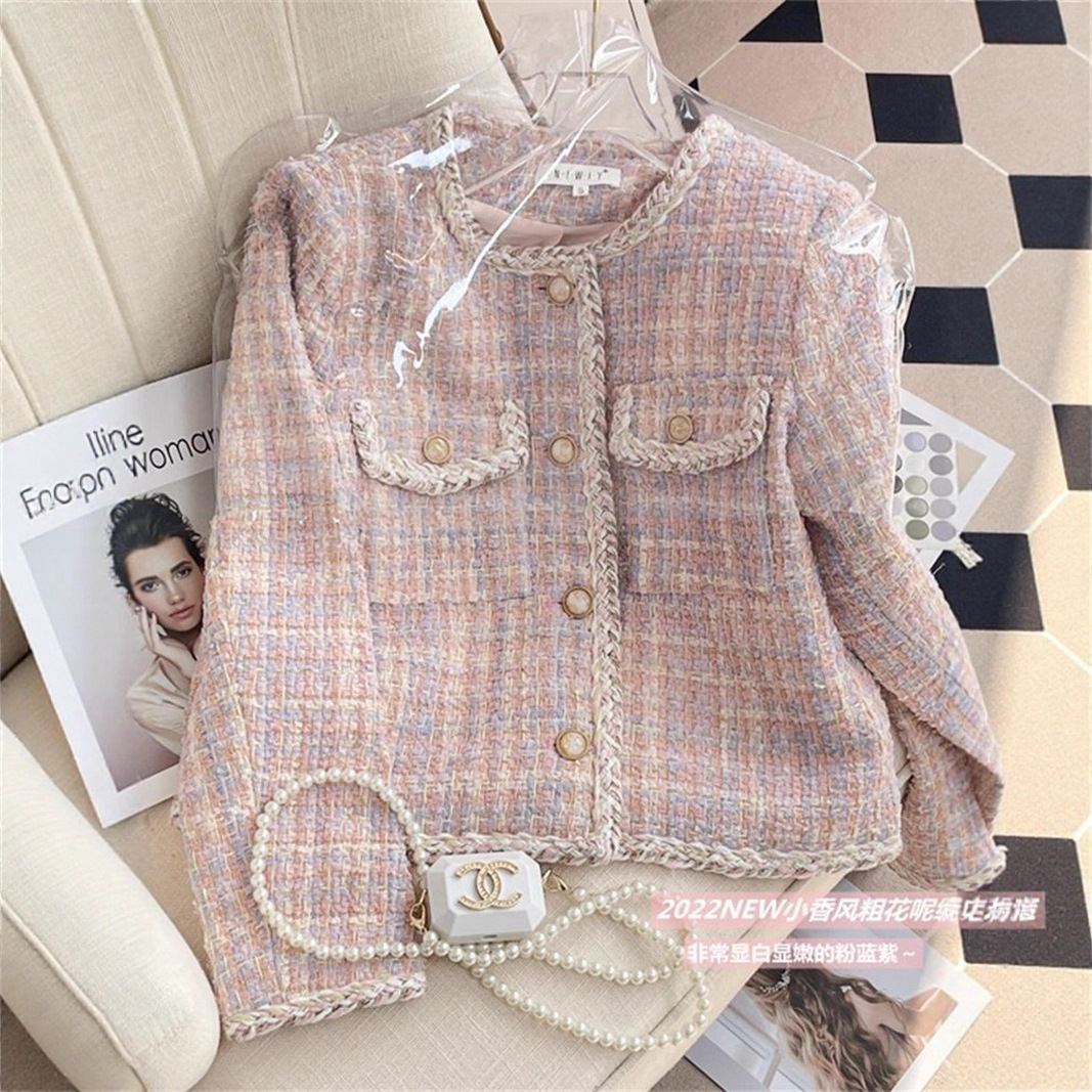 French-Style Chanel-Inspired Pink Coat for Women, 2025 Autumn Short Tweed Korean Version Top for Petite Figures