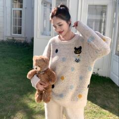 暖熊伙伴睡衣套装冬季新款半边绒秋冬加厚保暖家居服两件套口袋女