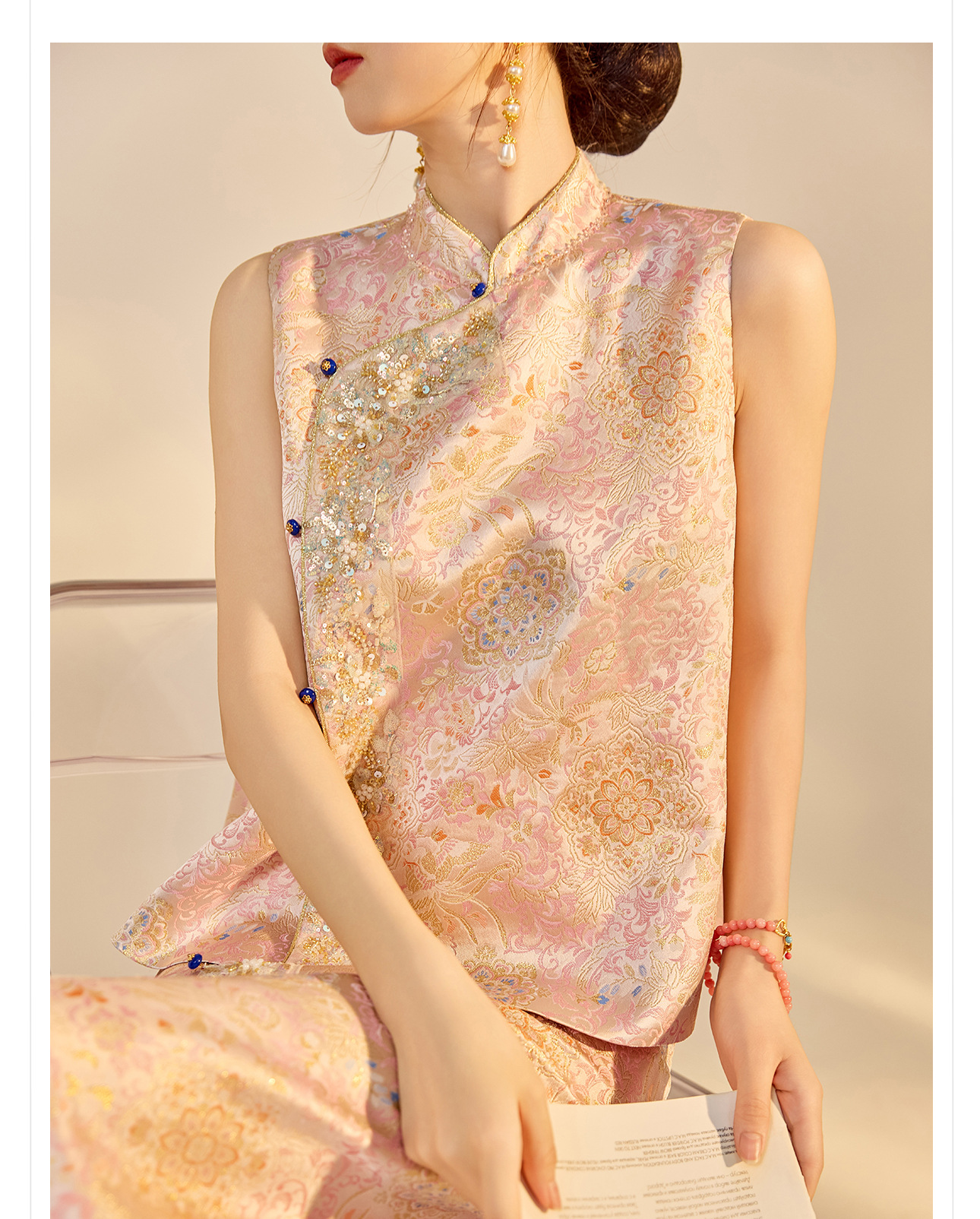 Bộ áo gile và chân váy chẻ cao phong cách Trung Hoa đính cườm thêu sequin mùa thu — nửa váy, Trang chủ chi tiết 7