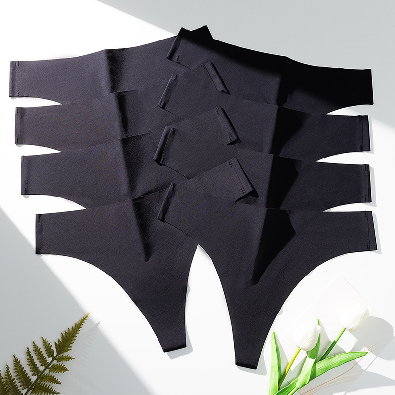 New Pure Black Ice Silk Traceless Thong V Cut Fashion Underwear Women's plus size Trousers Soft Comfortable Sexy T