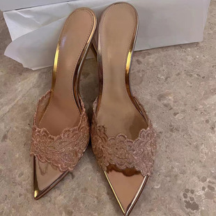 Pointed Banquet High Heels Women's 2025 Spring New Arrival Embroidered Stiletto Shoes Champagne Gold Embroidered High Heel Sandals