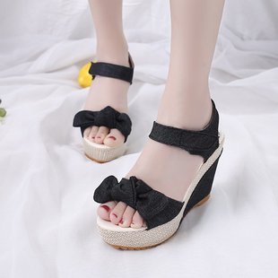 Wedge Sandals Women's 2025 Summer New Thick Bottom Denim Foreign Trade Southeast Asia Cross-border Casual High Heeled Sandals Wholesale