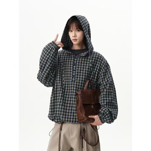 Men's Hooded Plaid Shirt, Loose Plus-Size Retro Plaid Drawstring Waist Trendy Street Style Casual Top Men's Hooded Plaid Shirt, Loose Plus-Size Retro Plaid Drawstring Waist Trendy Street Style Casual Top