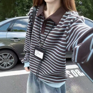 韩系学院风翻领条纹卫衣女秋季复古百搭撞色宽松休闲长袖毛衣上衣