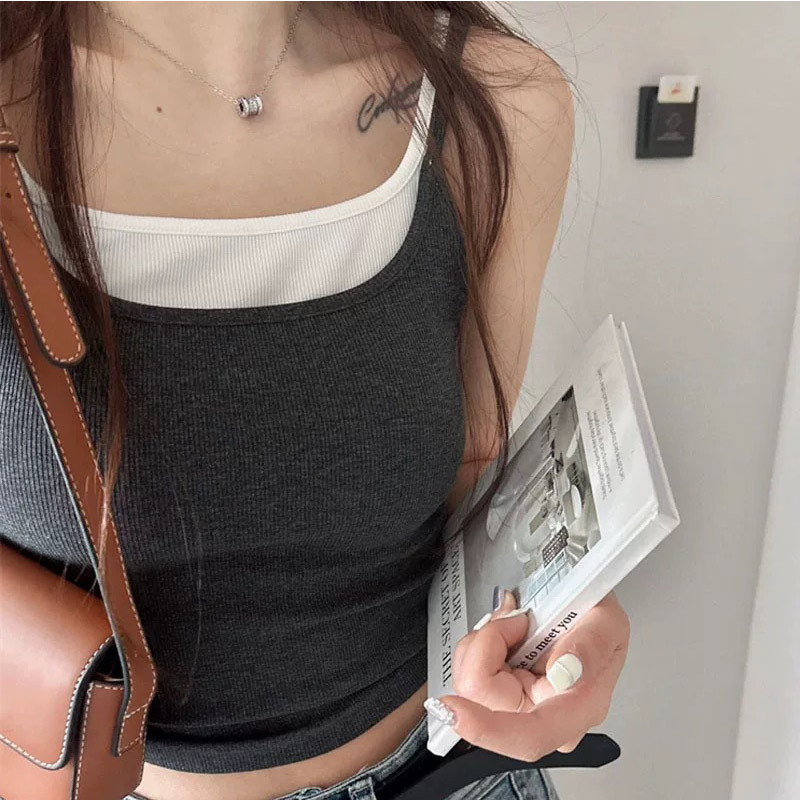 Pure Fake Two-Piece Knitted Belt Chest Pad Camisole Women's Slim-Fit Slimming Inner Stretch Summer All-Match Contrast Color Top