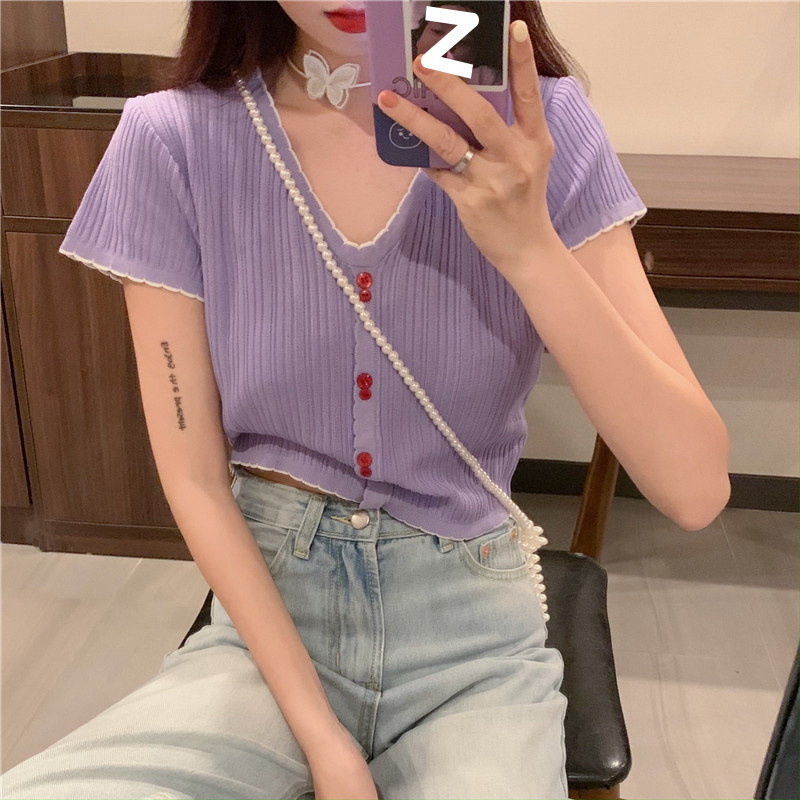 韓国の純粋な欲望デザインの女性用半袖ニットTシャツ2025新しい夏スタイルのスリムフィットショートトップ|undefined