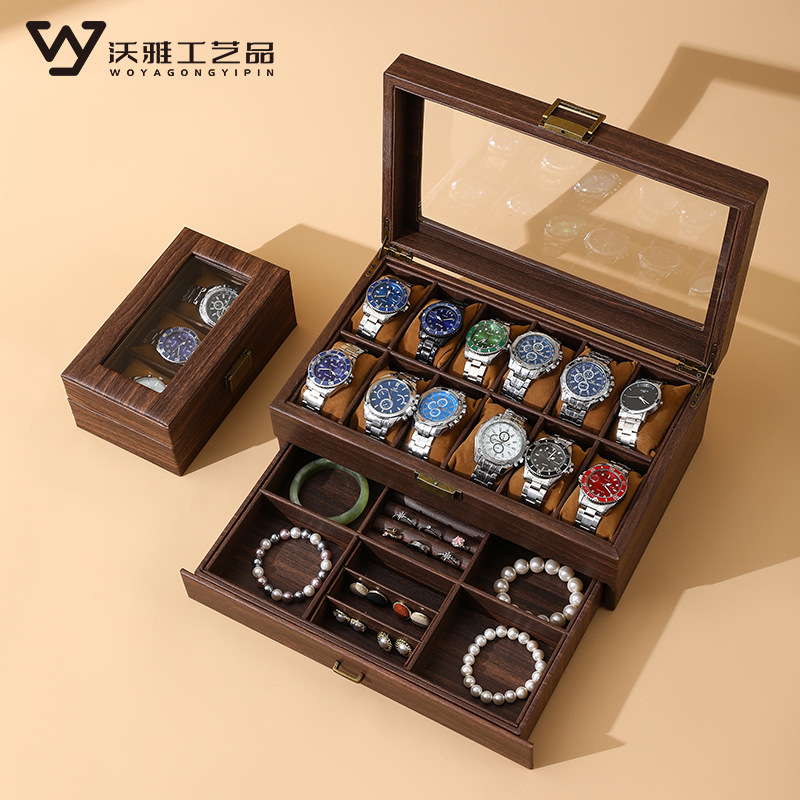 復古木紋皮軟枕手錶盒手錶箱手錶首飾一體收納盒雙層手錶收藏