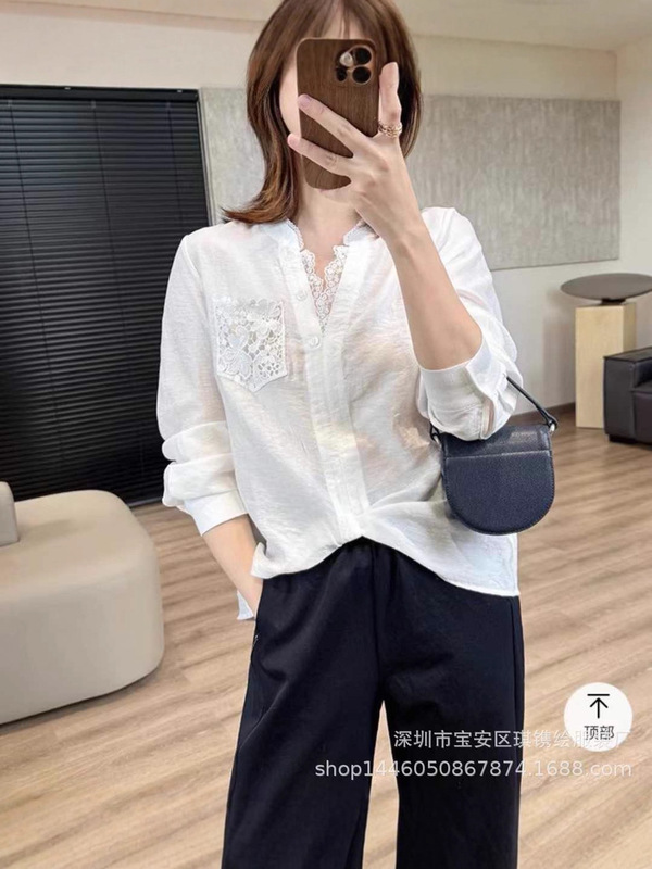 琪镌绘制秋季时尚衬衫2025新款天丝亚麻拼接蕾丝女宽松小衫25317|undefined