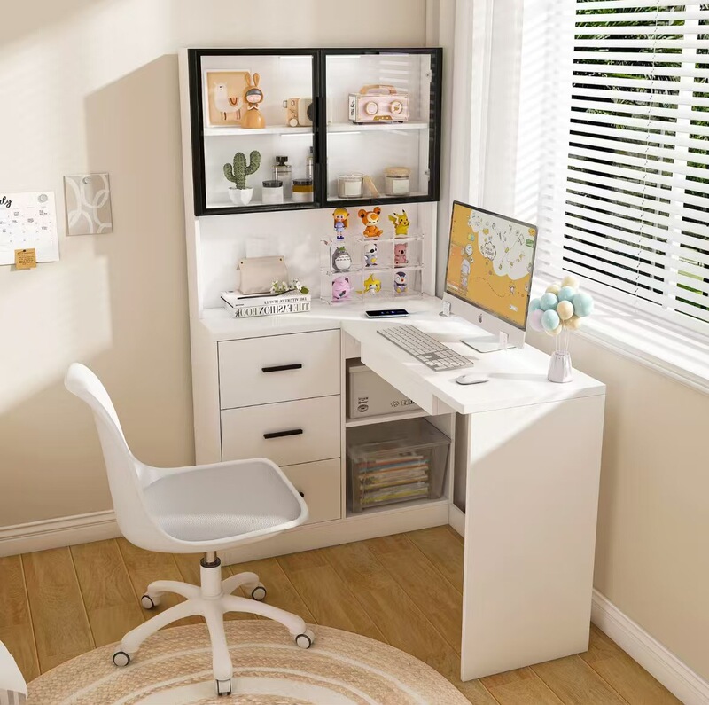 Desk with USB Charging Port, Equipped with a Glass Cabinet, Cross-Border Direct Sales E-Commerce Foreign Trade L-Shaped Corner Computer Desk Trendy