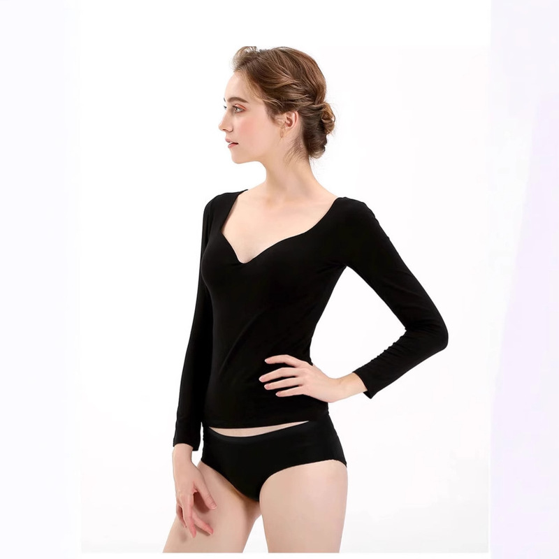 Autumn Modal V-Neck Slim-Fit Top for Women, Thin Base Layer Shirt, New Style with Chest Pads, Long-Sleeve T-Shirt for Layering