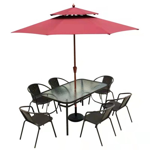Outdoor table and chair with umbrella sunshade combination outdoor open-air coffee tea shop leisure outdoor patio ironwork courtyard rattan chair 