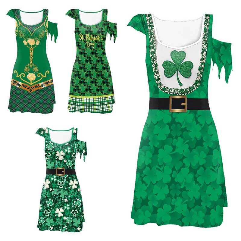 Summer New Clover St. Patrick's Day Clothing Irregular Sleeve Dress Digital Print Skirt for Women