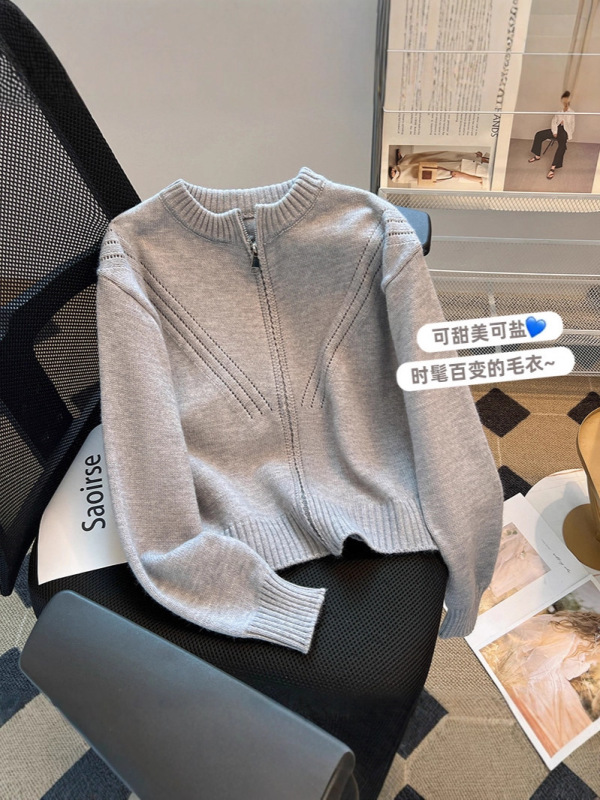哥家商场同款女装2025秋季日系灰色高级感小众薄款慵懒风针织毛衣|undefined