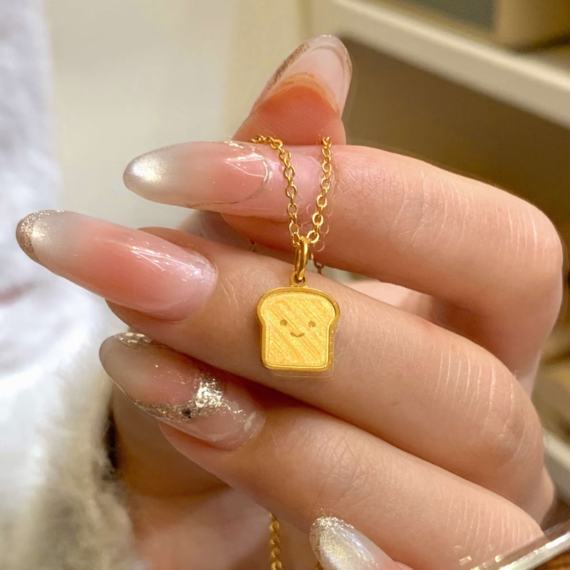 24K Gold-Plated, Color-Preserving, Gold Shop-Quality Smiley Toast Bread Pendant Necklace, Cartoon Bread Choker Chain