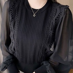 初秋上衣女设计感2025新春秋新款宽松长袖蕾丝拼接雪纺针织打底衫