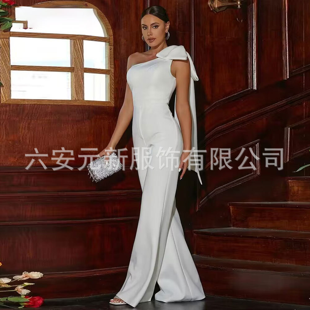 Amazon AliExpress mujeres alta cintura recta casual mono pantalones un hombro arco elegante vestido de fiesta